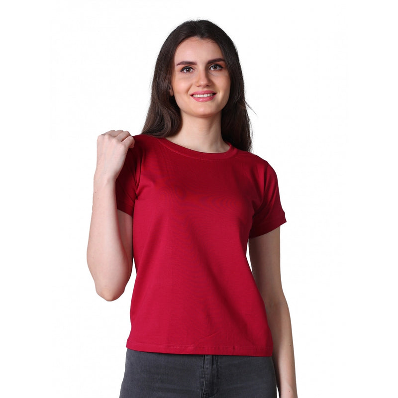 Mayawye Women's Cotton Blended Solid Round Neck Half Sleeve T-Shirt (Maroon)