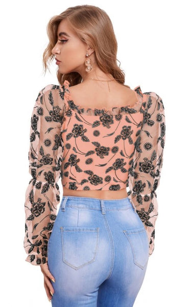 Mayawye Women's Polyester Solid Full Sleeves Square Collar Top (Peach)