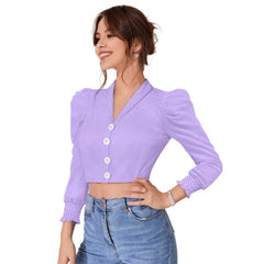 Mayawye Women's Polyester Solid Puff Sleeves Lapel Collar Top (Purple)