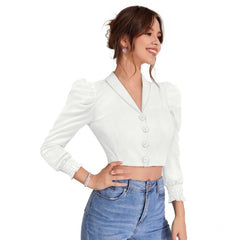 Mayawye Women's Polyester Solid Puff Sleeves Lapel Collar Top (White)