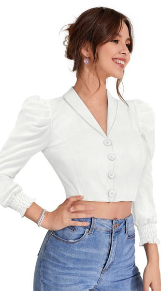 Mayawye Women's Polyester Solid Puff Sleeves Lapel Collar Top (White)