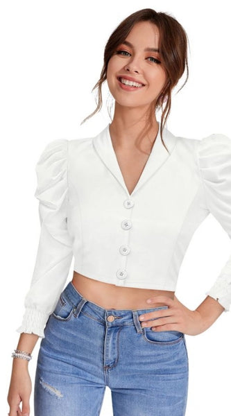 Mayawye Women's Polyester Solid Puff Sleeves Lapel Collar Top (White)