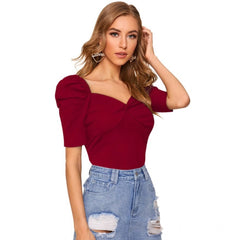 Mayawye Women's Polyester Solid Puff Short Sleeves Sweetheart Neck Top (Maroon)