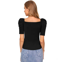 Mayawye Women's Polyester Solid Puff Short Sleeves Sweetheart Neck Top (Black)