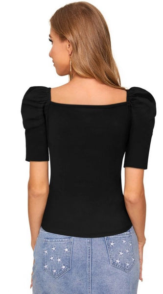 Mayawye Women's Polyester Solid Puff Short Sleeves Sweetheart Neck Top (Black)