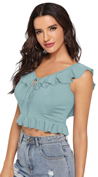 Mayawye Women's Polyester Solid Sleeveless Ruffle Neck Top (Pista)