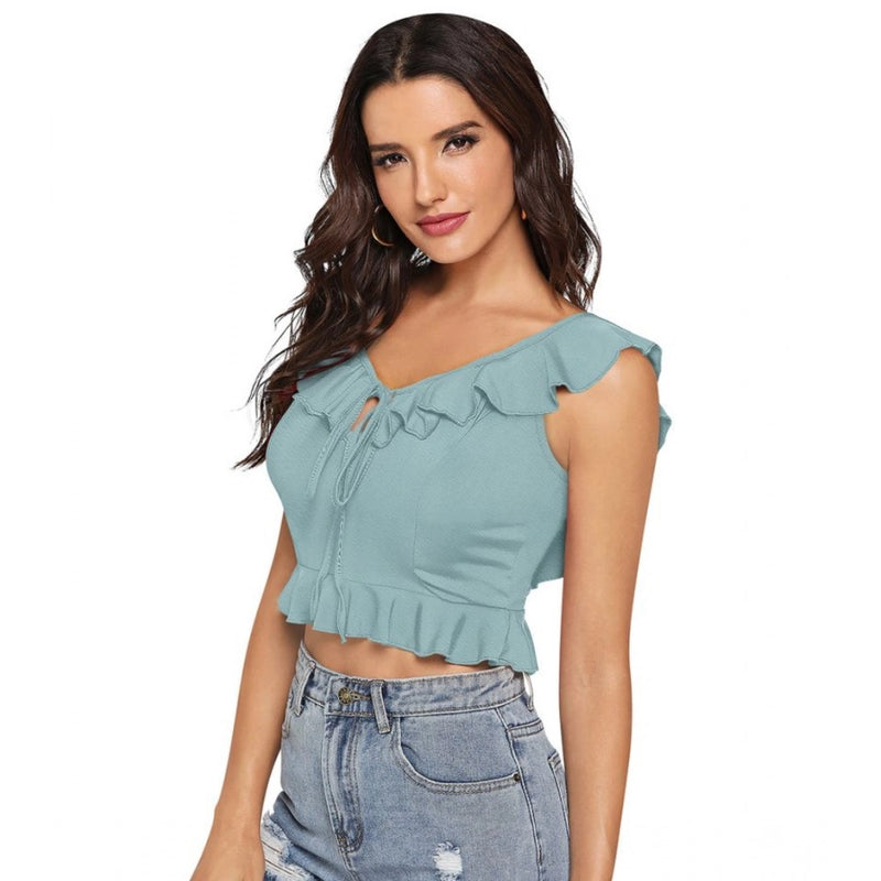 Mayawye Women's Polyester Solid Sleeveless Ruffle Neck Top (Pista)