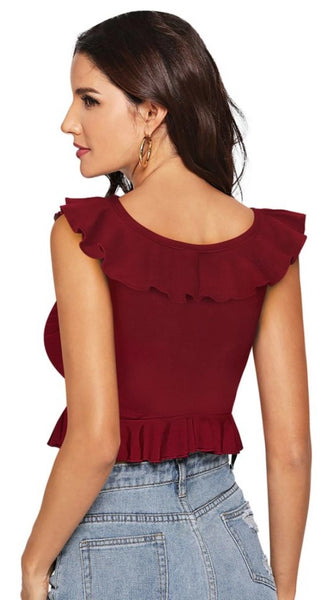 Mayawye Women's Polyester Solid Sleeveless Ruffle Neck Top (Maroon)