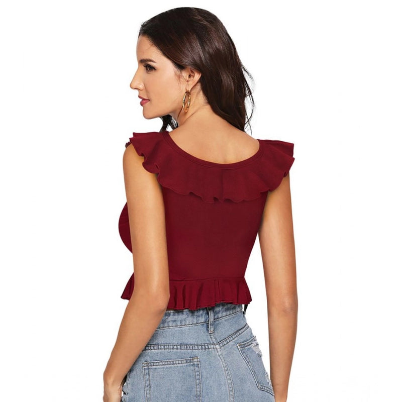 Mayawye Women's Polyester Solid Sleeveless Ruffle Neck Top (Maroon)