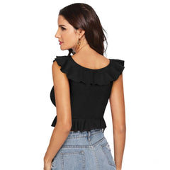 Mayawye Women's Polyester Solid Sleeveless Ruffle Neck Top (Black)