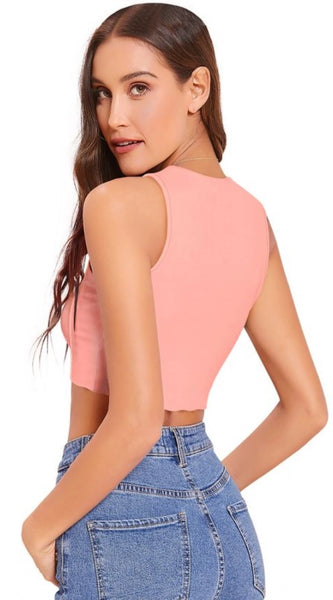 Mayawye Women's Polyester Solid Sleeveless Round Neck Top (Peach)