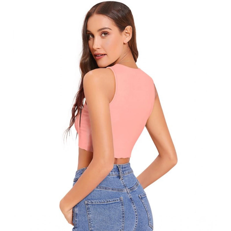 Mayawye Women's Polyester Solid Sleeveless Round Neck Top (Peach)
