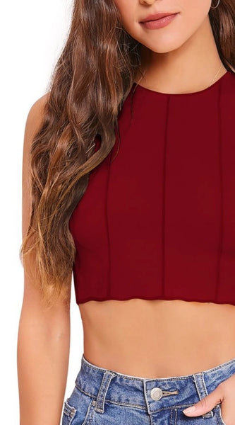 Mayawye Women's Polyester Solid Sleeveless Round Neck Top (Maroon)