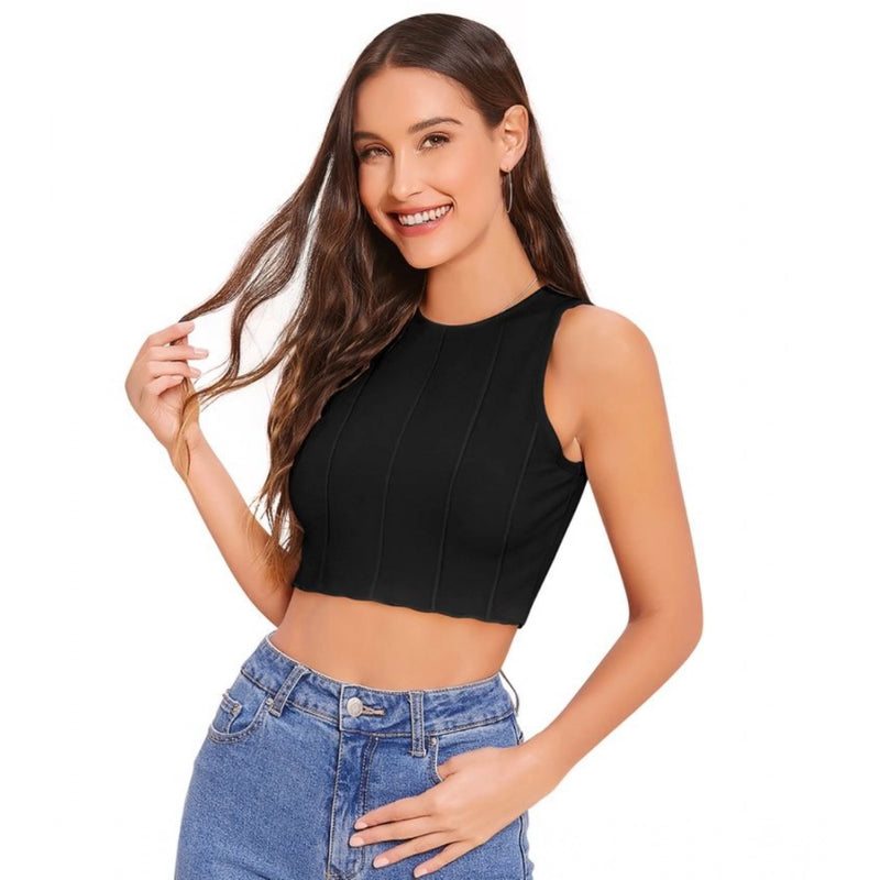 Mayawye Women's Polyester Solid Sleeveless Round Neck Top (Black)