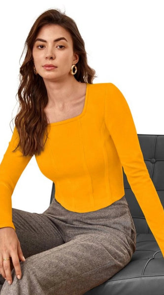 Mayawye Women's Polyester Solid Full Sleeves Square Neck Top (Yellow)