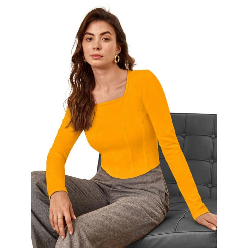 Mayawye Women's Polyester Solid Full Sleeves Square Neck Top (Yellow)