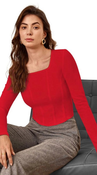 Mayawye Women's Polyester Solid Full Sleeves Square Neck Top (Red)