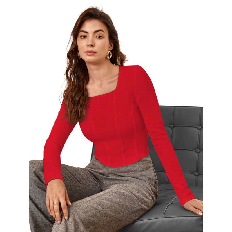 Mayawye Women's Polyester Solid Full Sleeves Square Neck Top (Red)