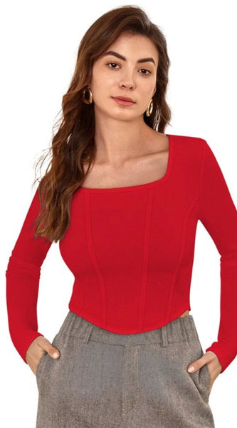 Mayawye Women's Polyester Solid Full Sleeves Square Neck Top (Red)