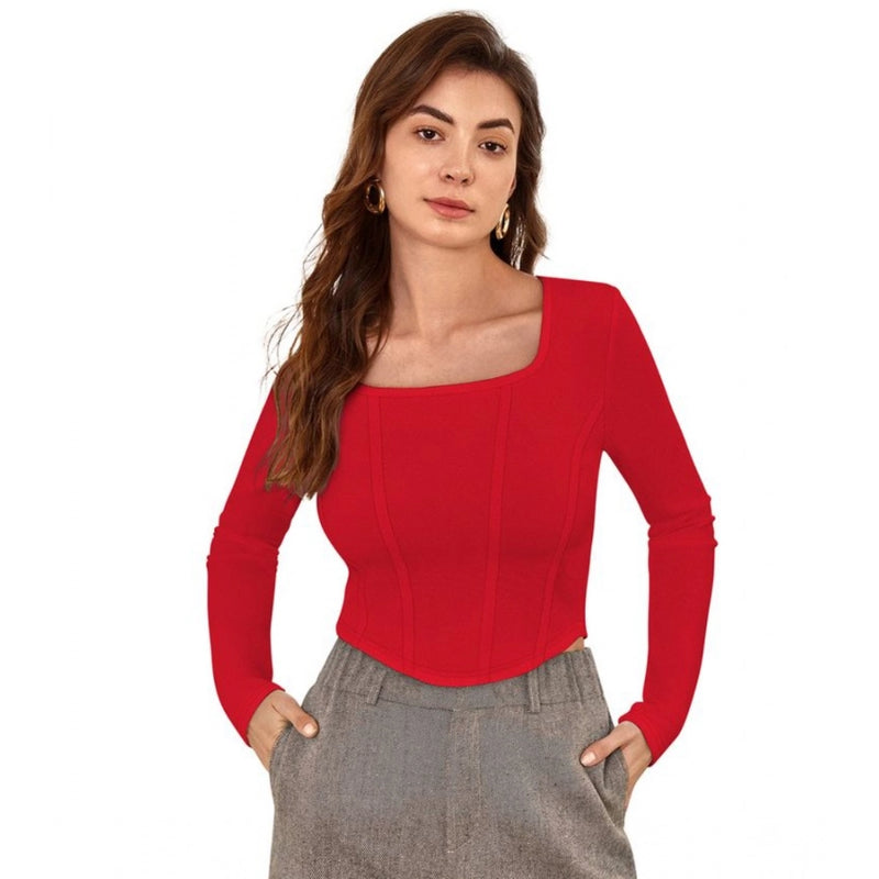 Mayawye Women's Polyester Solid Full Sleeves Square Neck Top (Red)