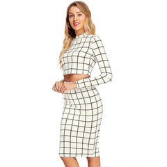 Mayawye Women's Polyester Checkered Full Sleeves Stand Collar Crop Top Skirt Set (White)
