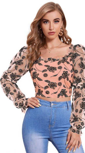 Mayawye Women's Polyester Solid Full Sleeves Square Collar Top (Peach)