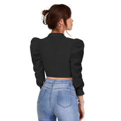 Mayawye Women's Polyester Solid Puff Sleeves Lapel Collar Top (Black)
