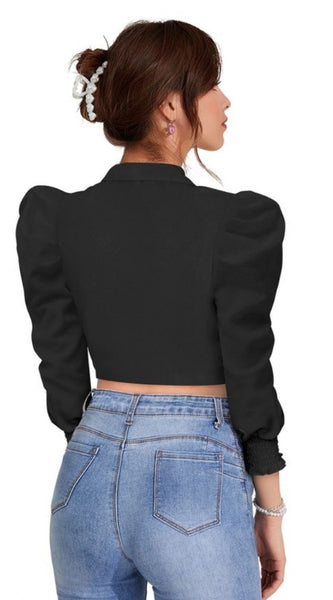 Mayawye Women's Polyester Solid Puff Sleeves Lapel Collar Top (Black)