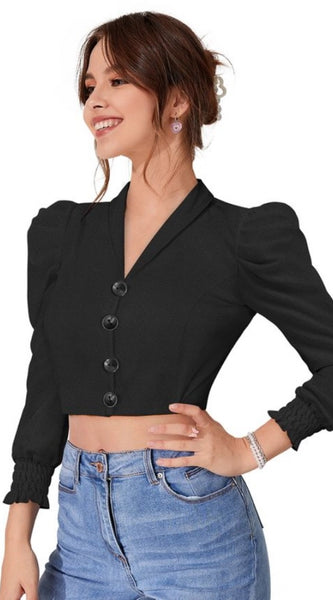 Mayawye Women's Polyester Solid Puff Sleeves Lapel Collar Top (Black)