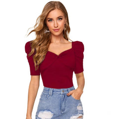 Mayawye Women's Polyester Solid Puff Short Sleeves Sweetheart Neck Top (Maroon)