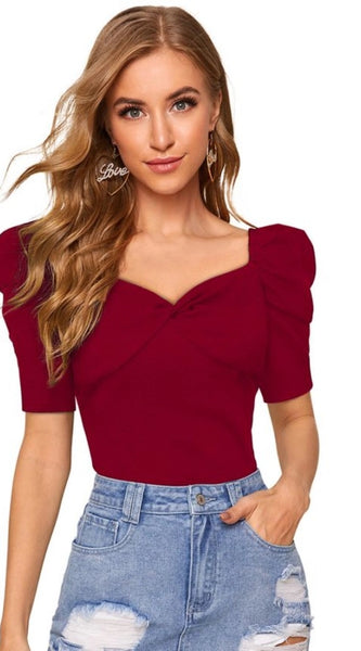 Mayawye Women's Polyester Solid Puff Short Sleeves Sweetheart Neck Top (Maroon)