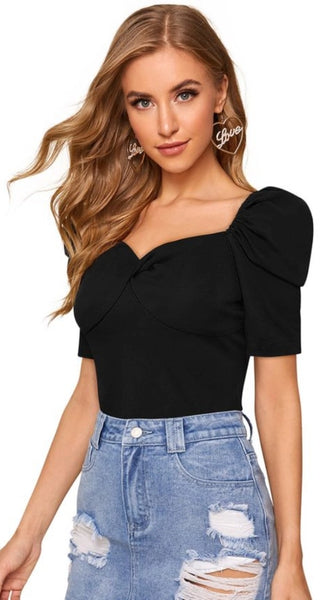 Mayawye Women's Polyester Solid Puff Short Sleeves Sweetheart Neck Top (Black)