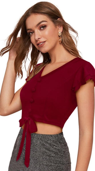 Mayawye Women's Polyester Solid Short Sleeves V Neck Top (Maroon)