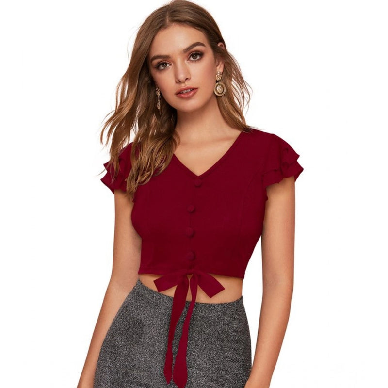 Mayawye Women's Polyester Solid Short Sleeves V Neck Top (Maroon)