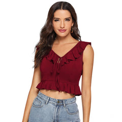 Mayawye Women's Polyester Solid Sleeveless Ruffle Neck Top (Maroon)