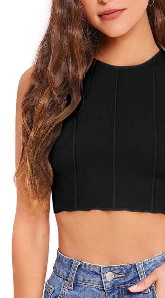 Mayawye Women's Polyester Solid Sleeveless Round Neck Top (Black)