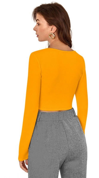 Mayawye Women's Polyester Solid Full Sleeves Square Neck Top (Yellow)
