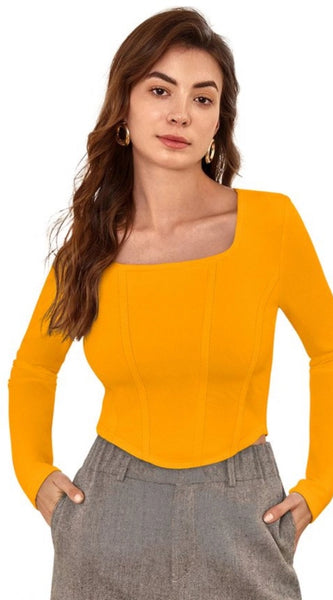 Mayawye Women's Polyester Solid Full Sleeves Square Neck Top (Yellow)