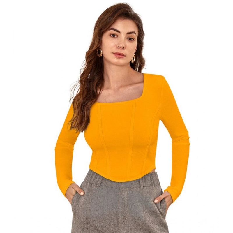 Mayawye Women's Polyester Solid Full Sleeves Square Neck Top (Yellow)