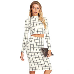 Mayawye Women's Polyester Checkered Full Sleeves Stand Collar Crop Top Skirt Set (White)