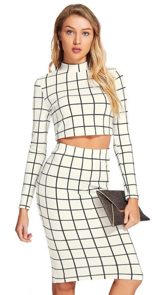Mayawye Women's Polyester Checkered Full Sleeves Stand Collar Crop Top Skirt Set (White)