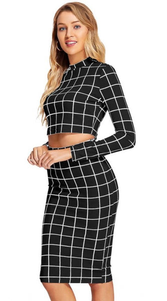 Mayawye Women's Polyester Checkered Full Sleeves Stand Collar Crop Top Skirt Set (Black)