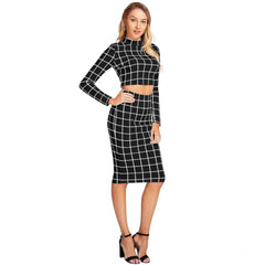 Mayawye Women's Polyester Checkered Full Sleeves Stand Collar Crop Top Skirt Set (Black)