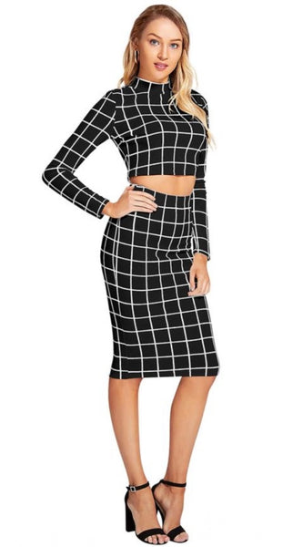 Mayawye Women's Polyester Checkered Full Sleeves Stand Collar Crop Top Skirt Set (Black)