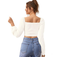Mayawye Women's Polyester Solid Long Sleeves Square Neck Top (White)