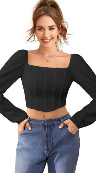 Mayawye Women's Polyester Solid Long Sleeves Square Neck Top (Black)