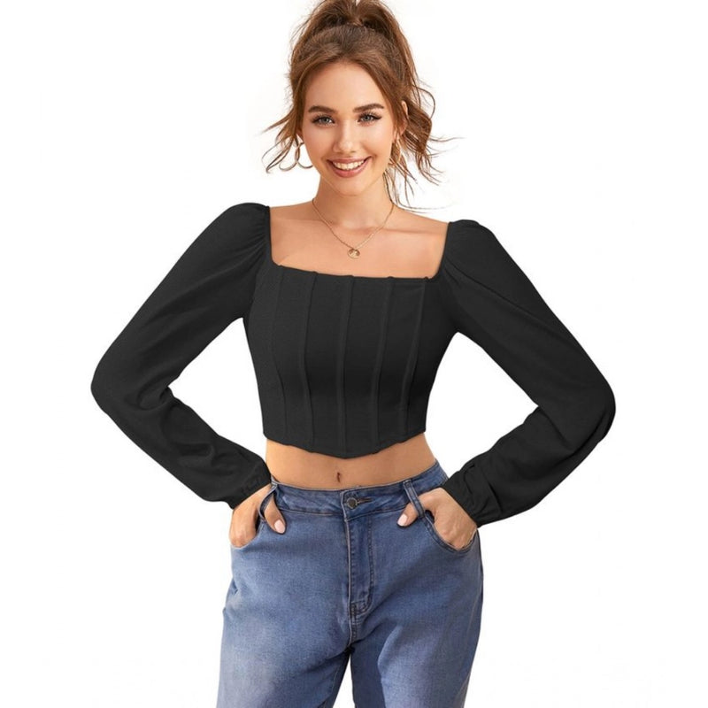 Mayawye Women's Polyester Solid Long Sleeves Square Neck Top (Black)