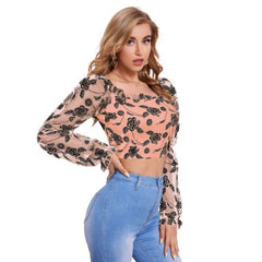 Mayawye Women's Polyester Solid Full Sleeves Square Collar Top (Peach)