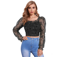 Mayawye Women's Polyester Solid Full Sleeves Square Collar Top (Black)