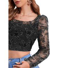 Mayawye Women's Polyester Solid Full Sleeves Square Collar Top (Black)
